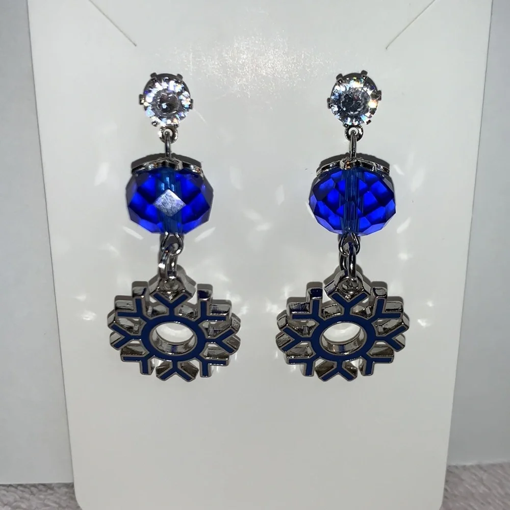 New Hand Crafted Snowflake Dangling Stud Post Earrings with Blue Glass Beads - Picture 6 of 12